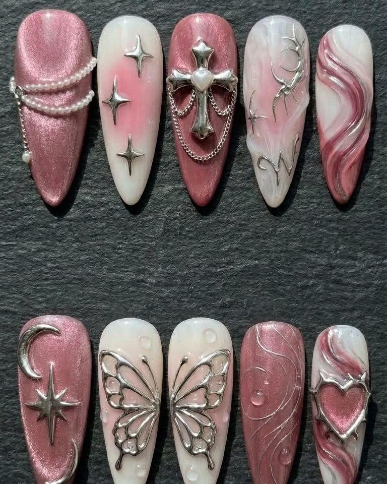 Mẫu Nail Box hồng bạc dự tiệc